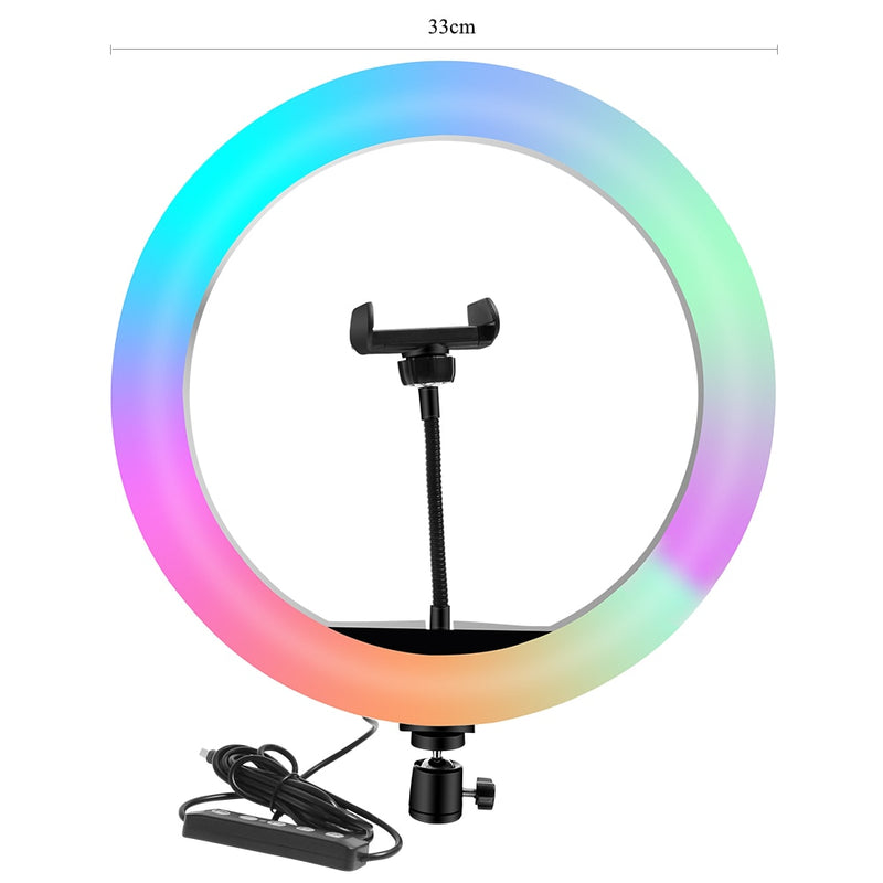 Anillo de luz RGB02 de 10 pulgadas, 26cm, 33cm, 20cm, luz LED arcoíris con soporte para trípode, juego RGB regulable de 1,6 M para vídeo corto, YouTube en vivo