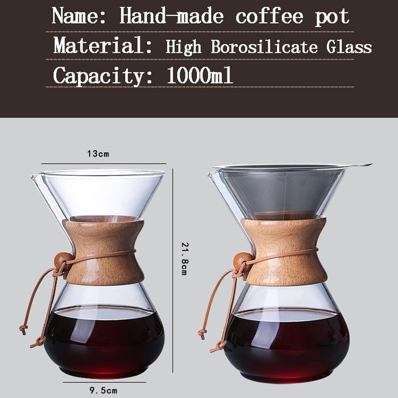 1PC 1000ml Glass Coffee Pot Dripper Moka Tea Maker Percolator Barista Tools Espresso Manual Kettle Teapot With Stainless Steel