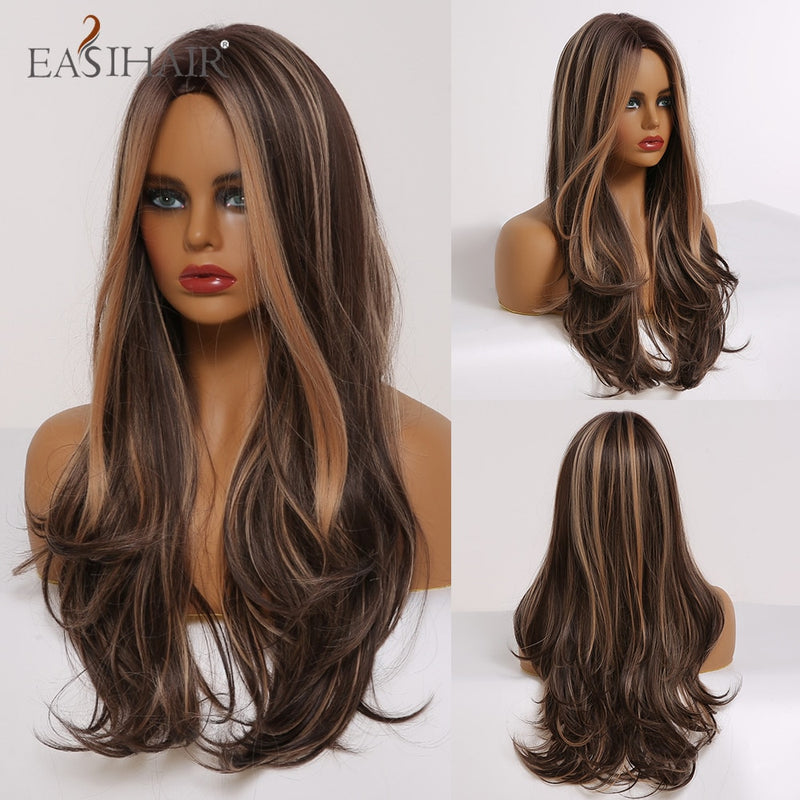 EASIHAIR Long Wavy Brown Synthetic Wigs With Blonde Highlights Cosplay Natural Hair Wigs High Temperature Fiber For Black Women