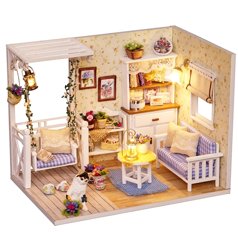 Cutebee DIYHouse Miniature with Furniture LED Music Dust Cover Model Building Blocks Toys for Children Casa De Boneca