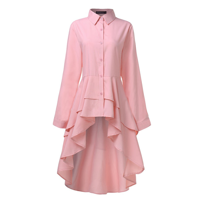 Fashion Women Ruffles Hem Shirt ZANZEA Elegant Lapel Neck Swallowtail Shirts Solid Long Sleeve High Waist Tops Irregular Blusas