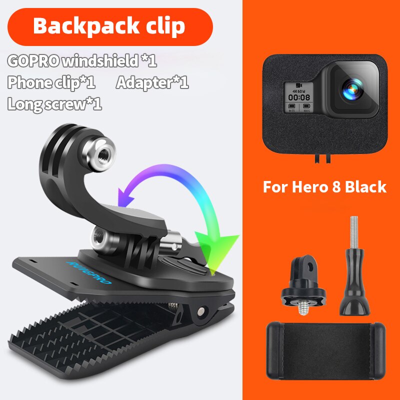 for Go Pro Accessories 360-Degree Rotation backpack bag Clip clamp For GoPro Hero11 10 9 8 7 6 5Xiaomi yi for SJCAM SJ4000 Phone