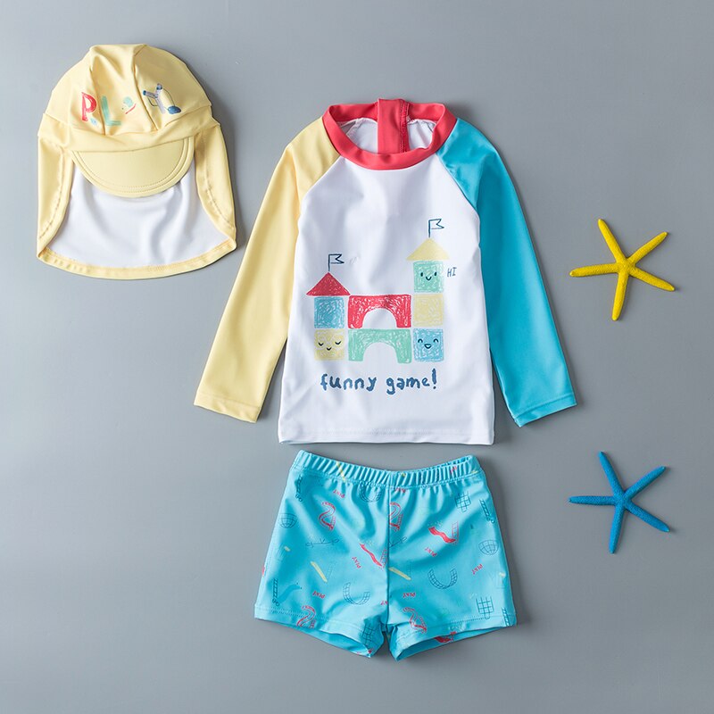 Swimwear for Children 3 Pieces Long Sleeve Swimsuit Kids Sun UV Protection Baby Bathing Clothes Child Toddler Swimming Suit Boys