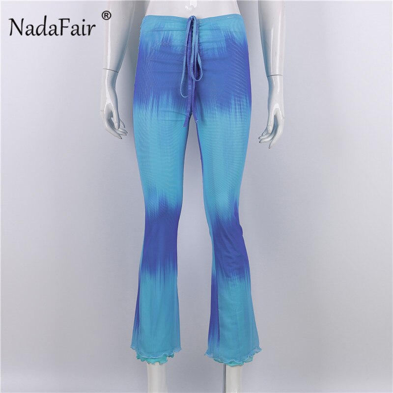 Nadafair Tie Dye pantalones Y2K ropa estética 2021 gradiente Sexy pantalones mujeres fruncido vendaje cintura alta pantalones acampanados