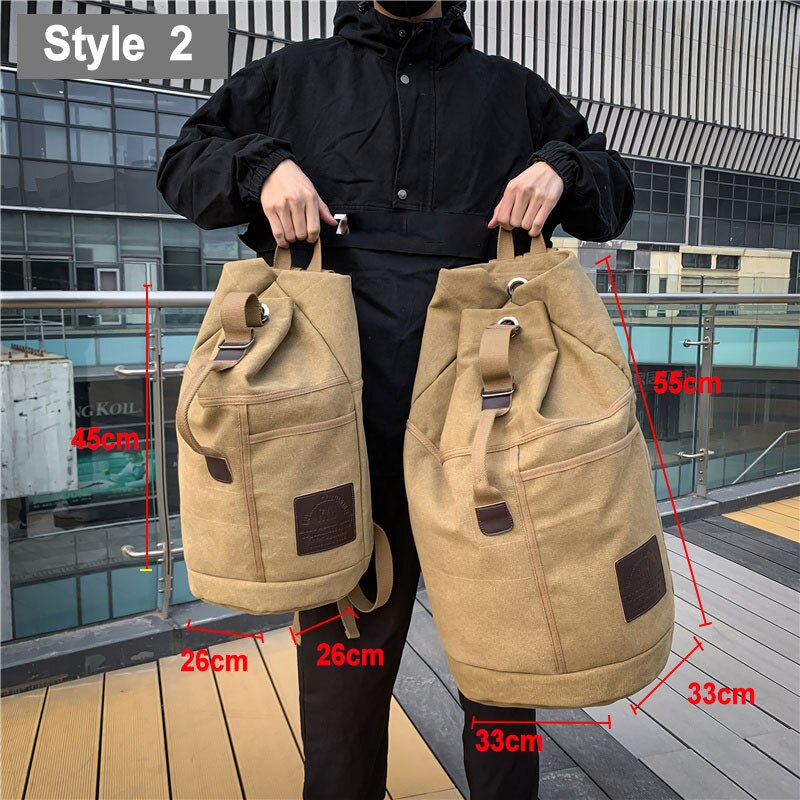 Male Tactical Bucket Canvas Backpack Letter Printing Large Capacity Military Army Bags Outdoor Travel Climbing Round Bag XA678WD