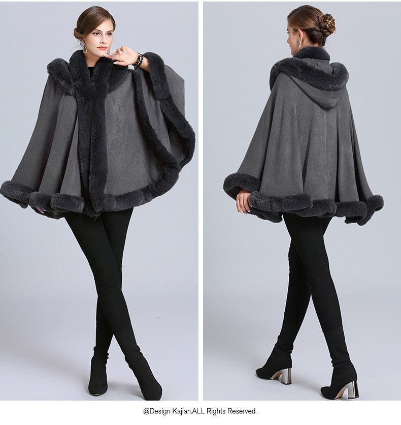 5 Color Winter Cape Thick Grey Black 2022 Poncho Women Faux Fur Neck Knitted Cloak Plus Size Big Pendulum Dovetail Cardigan Coat