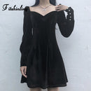Fitshinling Vintage Gothic Samtkleid Damen Dunkel A Line Knöpfe Winter Grunge Schlank Vestidos Langarm Schwarz Punk Kleider Neu