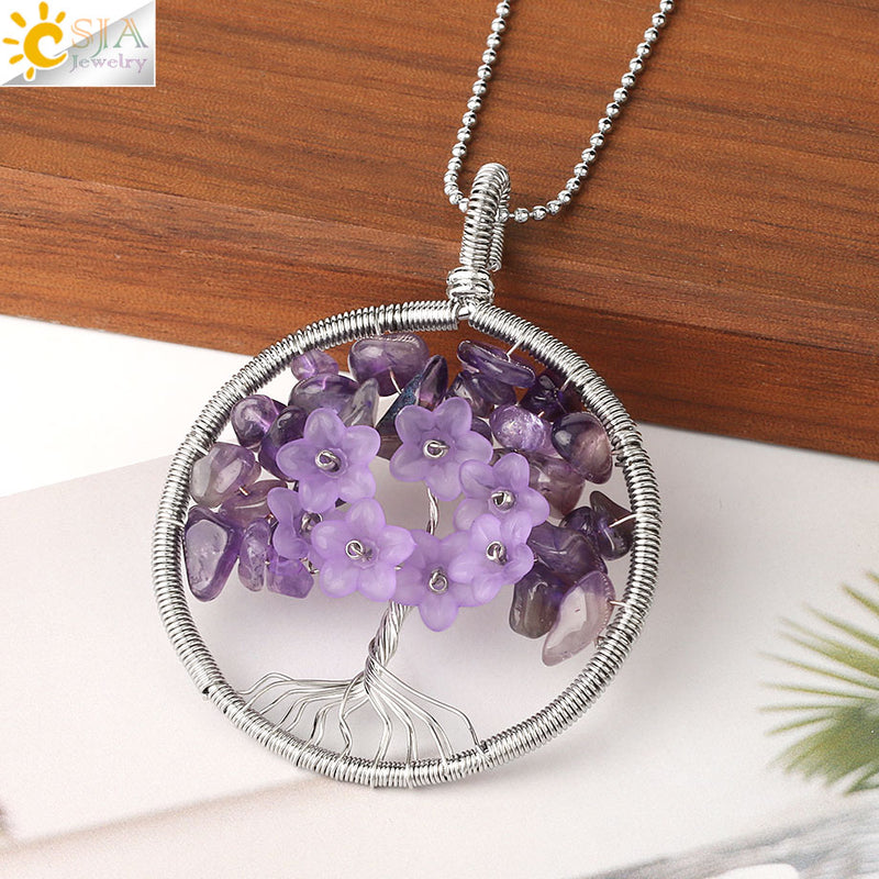 CSJA Tree of Life Pendant Necklace Natural Stone Silver Color Wire Wrap Quartz Crystal Chip Bead Flower Reiki Jewelry Women G306