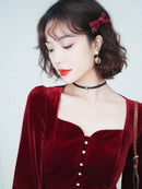 2021 Frühling Herbst Vintage Damen Square Kragen Laterne Ärmel Weinrot Schwarz Samt Top Bluse, Damen Velours Tops und Blusen