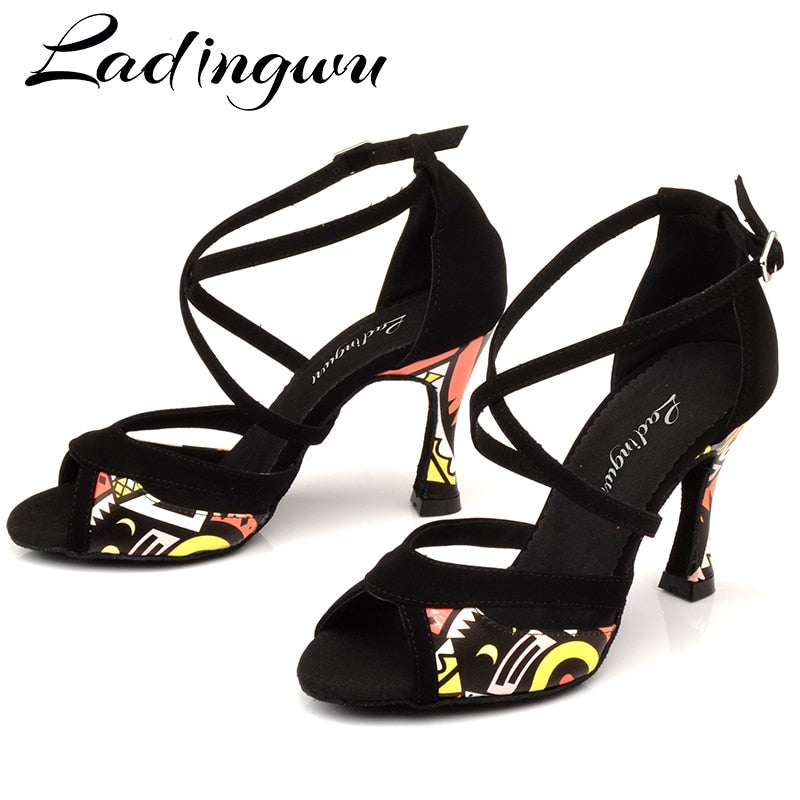 Ladingwu Latin Dance Shoes For Women Black Flannel and Orange African print Salsa Dance Shoes Women&