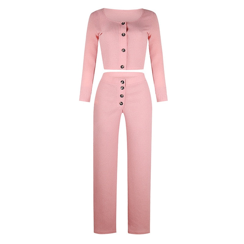 Geripptes 2-teiliges Set Damen-Sets conjunto feminino Damen Crop Tops und Hosenanzug Langarm Casual Short Top Clubwear Sets