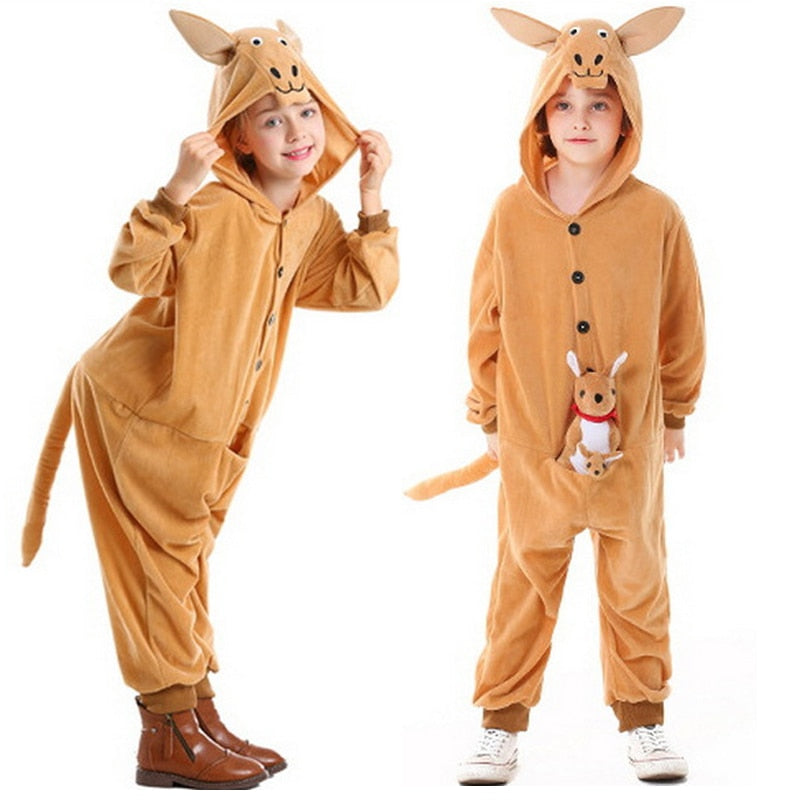 Kinder-niedlicher Cartoon-Overall-Mädchen-Jungen-Halloween-Tier-Känguru-Kostüm mit Kapuze und Känguru-Figur-Set