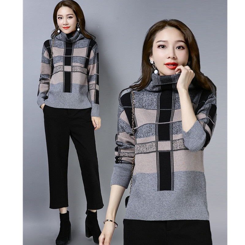Vintage Plaid Turtleneck Sweater Women Autumn Winter Contrast Color Elegant Pullover Sweaters Knitted Jumpers golf sweter