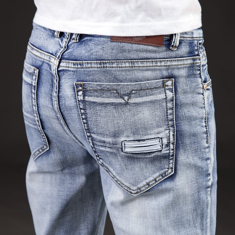 Quality Slim Jeans Men Classical Fashion Elasticity Denim Pants Light Blue Washed Brand Casual Trousers Male Plus Size 40-46