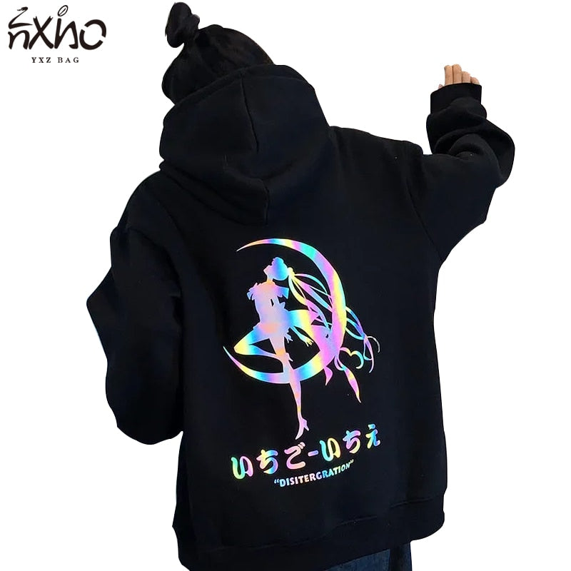 Women Hooded Sailor-Moon Reflective Logo Fashion Cartoon Loose Long-Sleeves Female Clothing Casual Japanese Pullover Hoodies