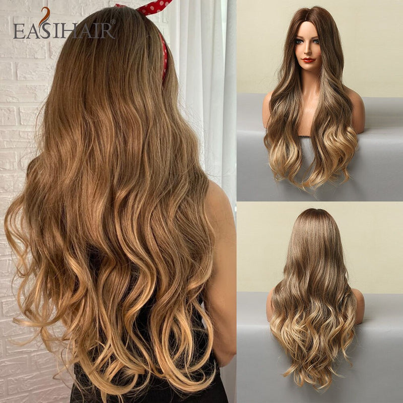 Pelucas EASIHAIR de color marrón claro con ondas de cuerpo largo y reflejos rubios, pelucas de pelo sintético resistentes al calor para Cosplay de parte media para mujeres