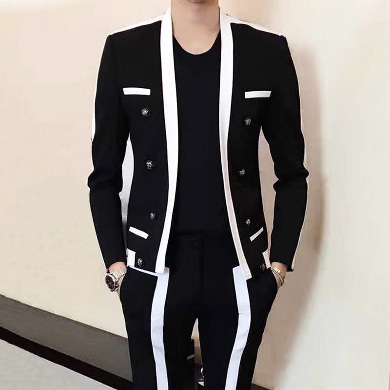 Kontraststreifen Balck Weißer Anzug Männlich Hochzeit Bräutigam Anzug 2019 Herbst Winter Verkleidete Männer Slim Fit Bühnenoutfit Herren Party Anzug