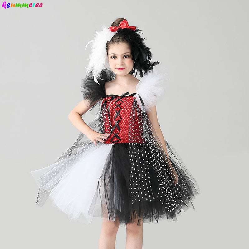 Evil Madame Cruella De Ville Kids Tutu Disfraz Dálmatas Niñas Halloween Fancy Tutu Dress con Diadema Polka Dot Girl Outfit