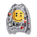 Harajuku Retro Smiley Flame Print Rundhals Sweatshirts Männer und Frauen Plus Samt Streetwear Fleece Hoodie Pullover