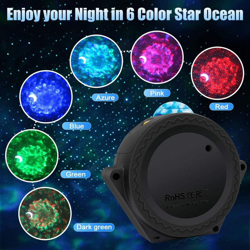 LED 3 en 1 6 colores océano ola cielo estrellado proyector láser estrella luna noche luz galaxia nebulosa lámpara música control de voz para niños