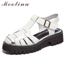 Meotina Plattform Wedges Sandalen Echtes Leder Schuhe mit mittelhohem Absatz T-Strap Round Toe Damenschuhe Schnalle Sandalen Sommer Schwarz Neu