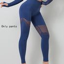 Conjuntos de Yoga, ropa de gimnasio para mujer, Tops cortos de manga larga sin costuras, mallas deportivas de malla, pantalones de entrenamiento para correr, pantalones de cintura alta, ropa de Fitness