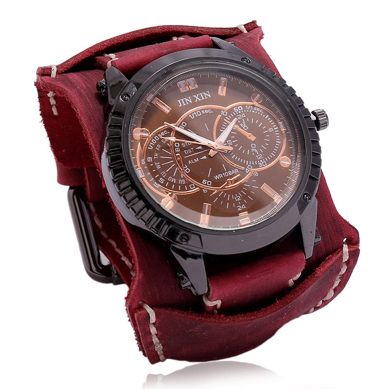 Mens Quartz Watches Jessingshow Luxury Wristwatch 2023 Cowhide Watchband Punk Style Watch for Men Wide Genuine Leather Bracelets