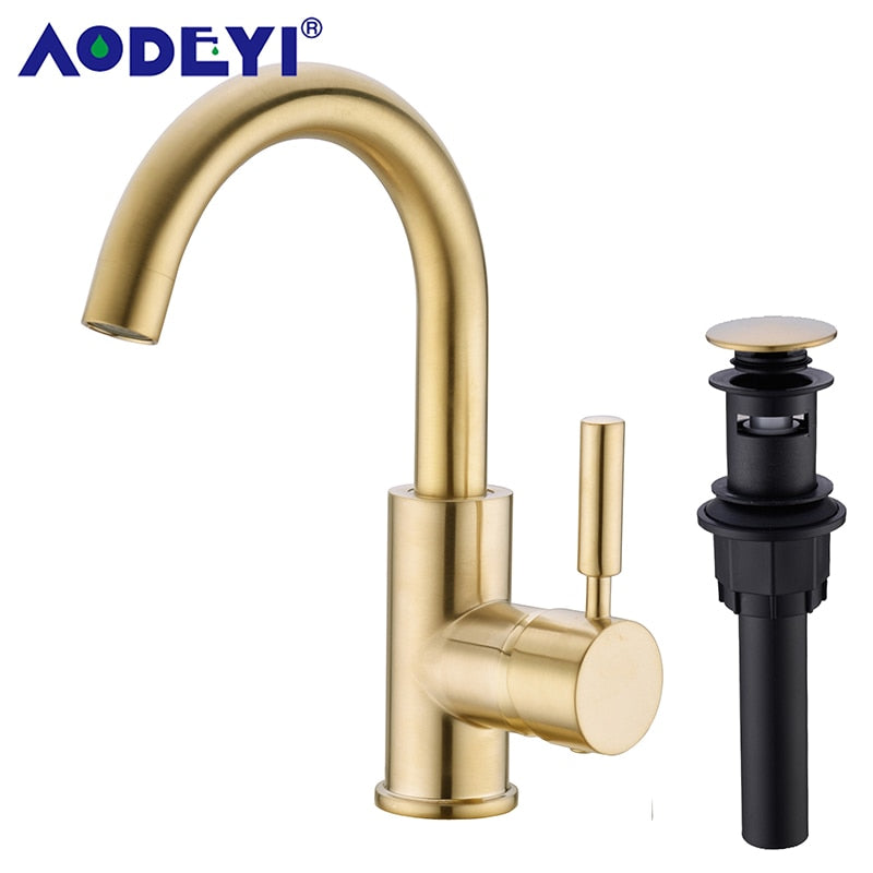 Solid Brass Black Bathroom Basin Faucet Cold And Hot Water Mixer Sink Tap Single Handle Brushed Gold Taps with Pop Up Drain