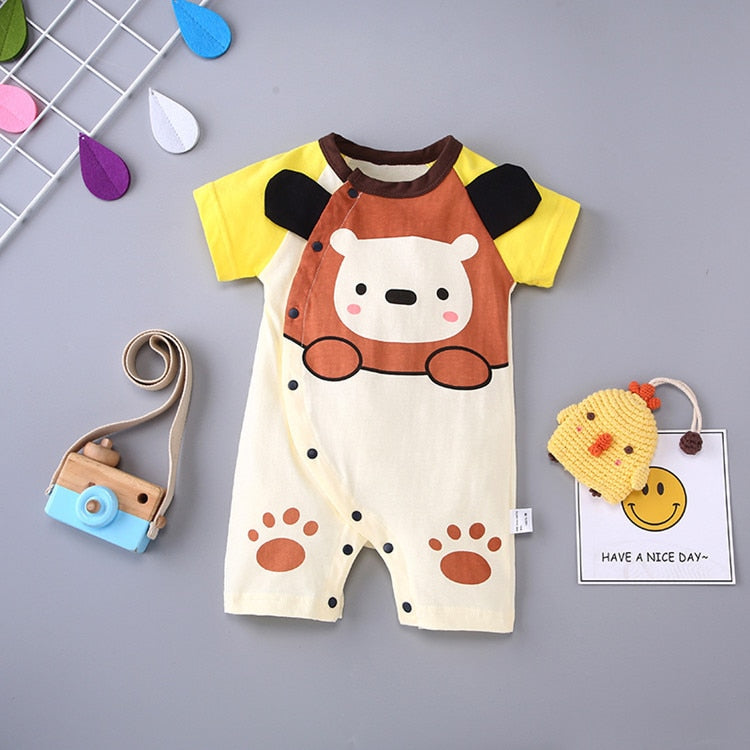 2023 summer baby clothes Casual romper newborn short sleeve cotton cartoon print stripe turn-down Infant baby boys clothing