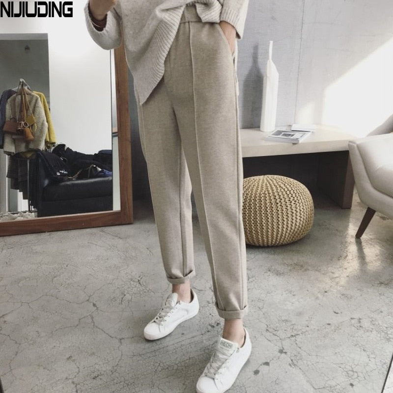 NIJIUDING 2020 Winter Korean Style Thickened Woolen Harem Pants Women Casual Elastic High Waist Loose Straight Casual Trousers