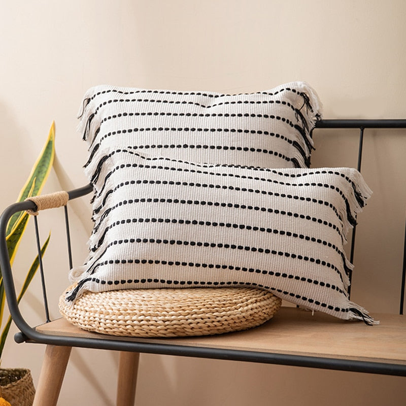 Cushion cover Tassels pillow cover Mustard Ivory Black Cotton Woven Stripe for Home decoration Sofa Bed 45x45cm/30x50cm/50x50cm