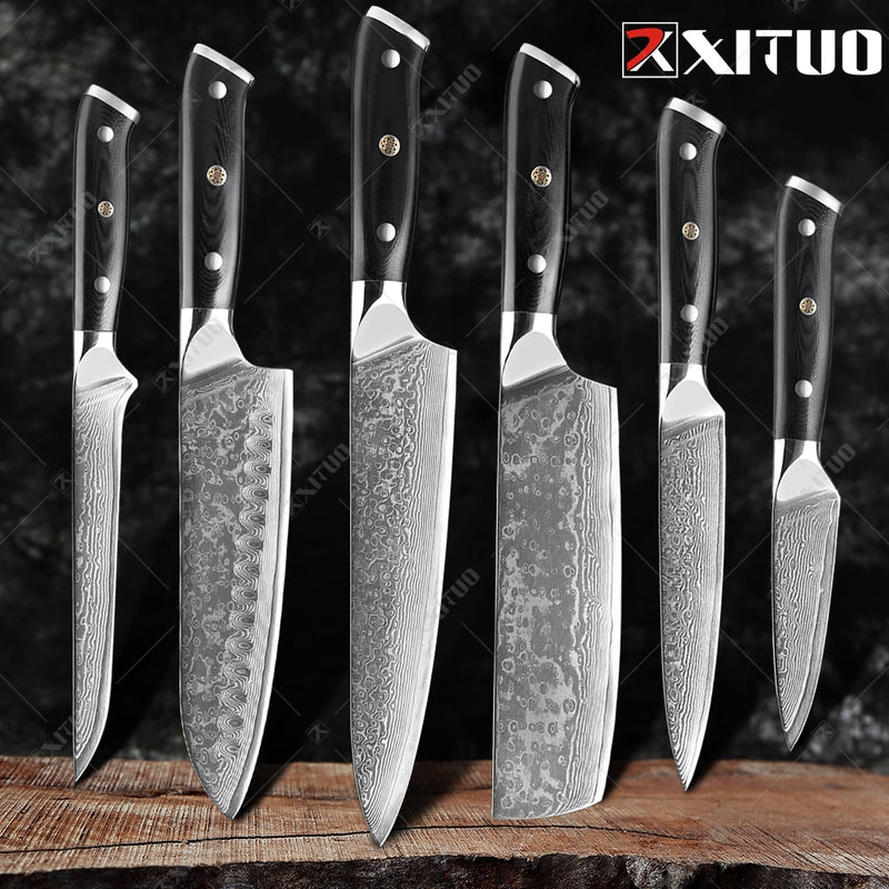 XITUO Damaskus Kochmesser 1-8 STÜCKE Professionelle Japan Sankotu Cleaver Bone Messer Utility Kiritsuke Schälmesser Küchenmesser Kochen