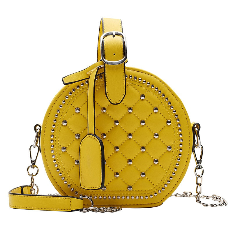 Bolso de hombro Circular con remaches de cadena a la moda para mujer, bandolera cruzada de piel sintética para mujer, bolso de mano redondo para mujer