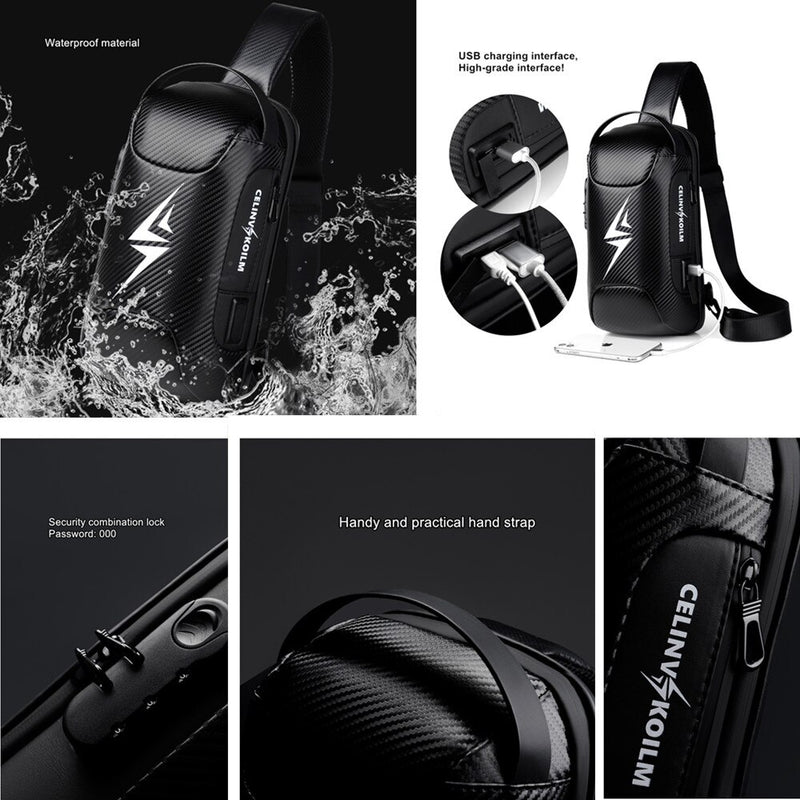 Celinv Koilm Brand Men Bag Woven Leather Sling Chest Crossbody Bag For Man Moto Biker Shoulder Bags Black New Fashion Hot Sale