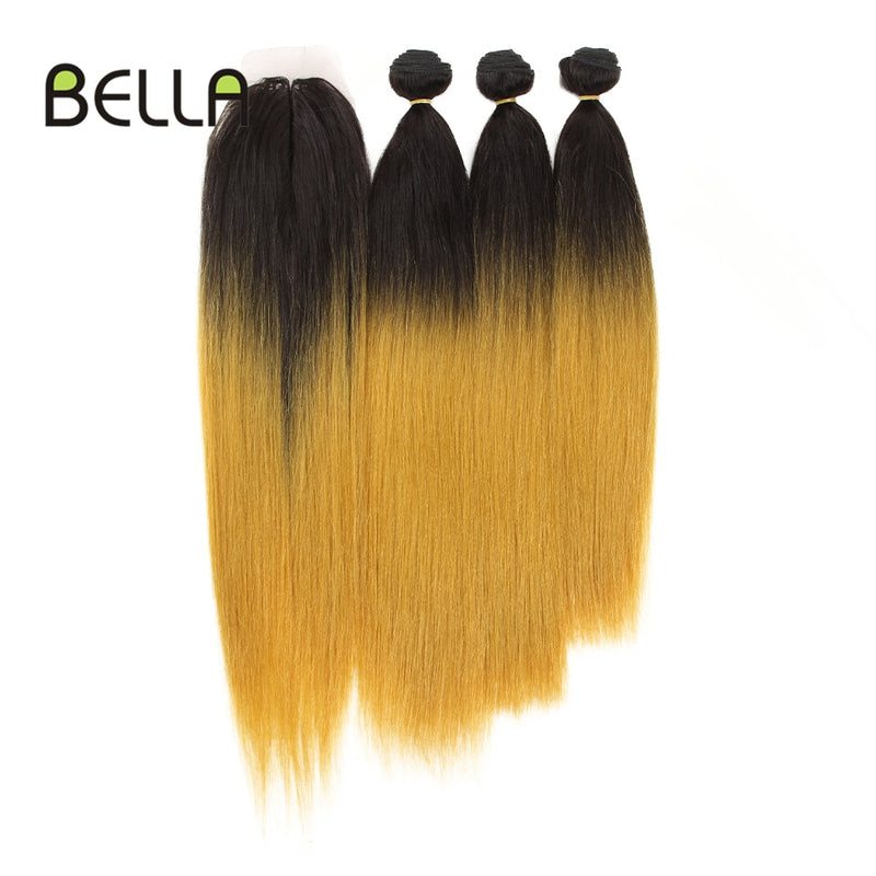 Mechones de pelo liso Yaki mechones Ombre pelo sintético 4 unids/pack 18-22 pulgadas 245g mechones con cierre BELLA extensiones de cabello tejido