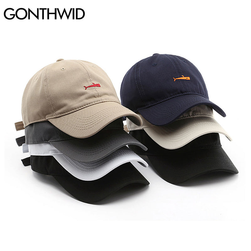 GONTHWID Embroidered Fish Adjustable Baseball Caps Casual Solid Color Cotton Curved Sun Visor Hats Men Women Fashion Sun Hat