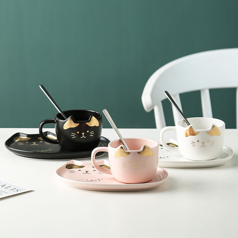 Juegos de tazas de café de cerámica con diseño de gato de dibujos animados, taza de té, plato de postre, conjunto creativo de taza de café y platillo, cuchara para regalar