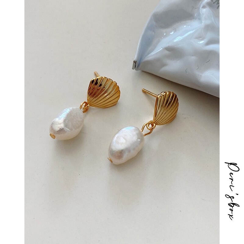 Peri'sBox, pendientes de perlas de agua dulce naturales de concha de oro, pendientes irregulares de plata de ley 925 para mujer, pendientes de gota Vintage