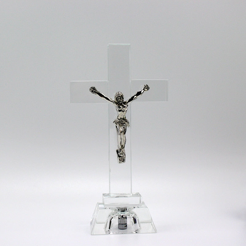 Christian Gifts Nightlight Crystal Jesus Cross Statue Religious Style Crystal Cross Church Decoration Home Decor Craft Ornament