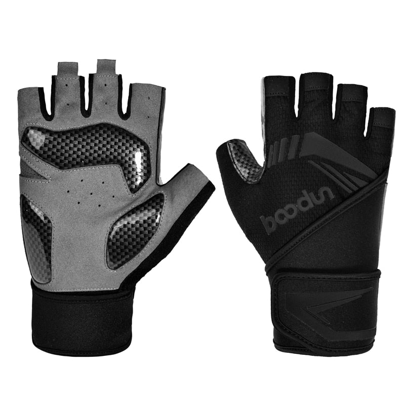 Boodun Hombres Guantes de levantamiento de pesas Medio dedo Gimnasio Guantes de fitness con muñequera Soporte Crossfit Deporte Entrenamiento Guantes de entrenamiento