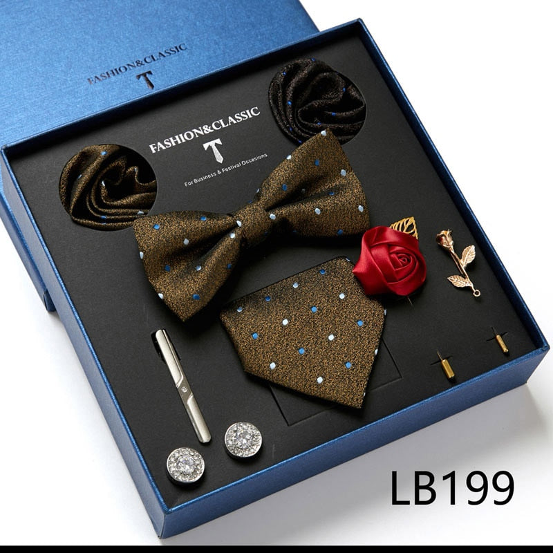 Envío Gratis, conjunto de corbata para hombre, caja de regalo de lujo, conjunto de corbata de seda, 8 Uds., embalaje interior, regalo festivo, pañuelos de bolsillo