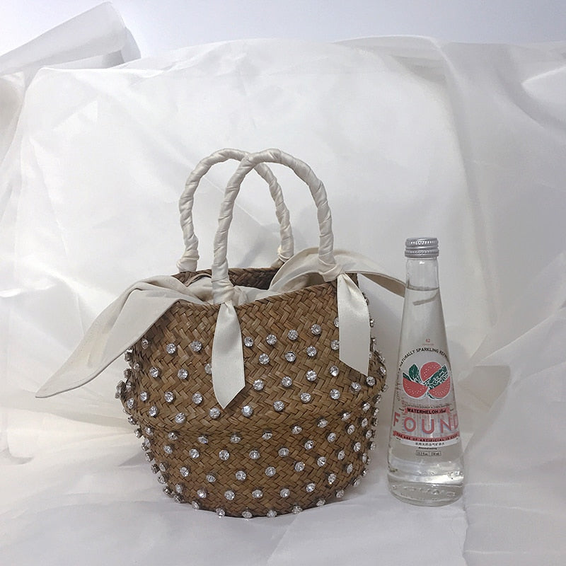 Costura hecha a mano vacaciones moda cristal cesta tejida diamante bolso de mano bolsos de lujo mujeres bolsos diseñador bolsos de paja caliente