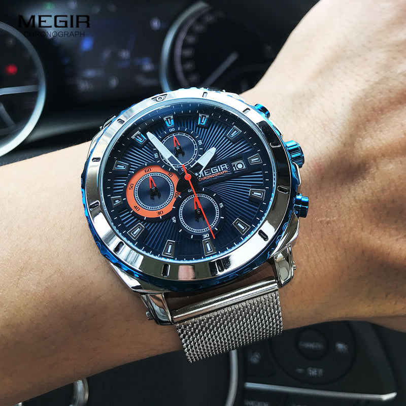 Megir Uhren Männer 2020 Luxus Mesh Strap Business Quarzuhr für Mann Top-Marke wasserdicht Armee Sport Armbanduhren blaues Gesicht