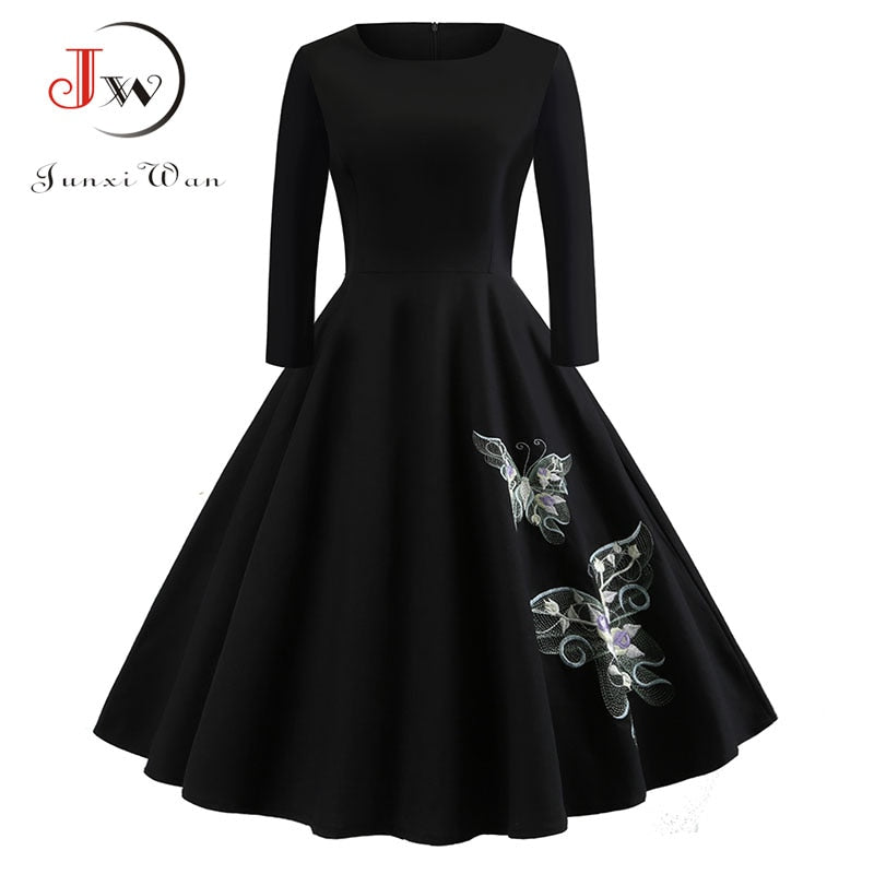 Elegant Black Embroidery Wrist Sleeve Women Dresses 2022 New Autumn Winter Casual O Neck Cotton A Line Vintage Party Vestidos