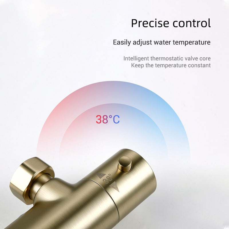 Thermostatischer Temperatur-Badezimmerhahn, gebürstetes Gold, Messing, Wandmontage, Regenduschkopf, Handsprüher, Zwei-Funktions-Heiß-Kalt-Mischen