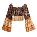 New Bohemian Geraffte Elastische Slash Neck Blumendruck Pullover Shirt Braun 2019 Frauen Tide Bow Elastische Taille Hosen 2 Stück Set