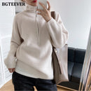 BGTEEVER Herbst-Winter-Reißverschluss-Rollkragen-Pullover Frauen beiläufige dicke lange Pullover Jumper weibliche lose Strickoberteile 2021