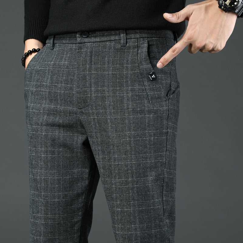 ¡Novedad de 2022! Pantalones informales a cuadros para hombre, pantalones elásticos de estilo clásico gris oscuro ajustados informales de negocios, ropa de marca para hombre