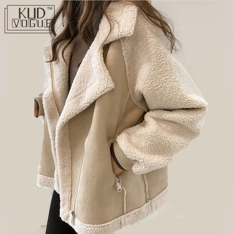 Frauen Winter Übergroße Teddy Jacke Chic Faux Wildleder Pelzkragen Mäntel Flieger Motorrad Biker Jacken Weibliche Lammwolle Mantel Neu