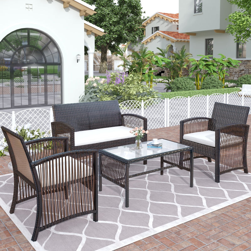 4Pcs Outdoor Patio Furniture Set 3 Rattan Chair Sofa &amp;1 Coffee Table for Garden Backyard Porch&amp;Poolside Gray[US-Stock]